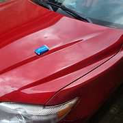 blue clay bar on the hood of a red 2009 Toyota Camry