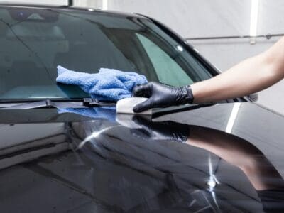 Ceramic coating the hood of a black car