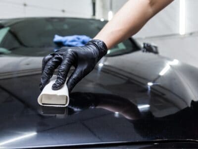 Ceramic coating the hood of a black car